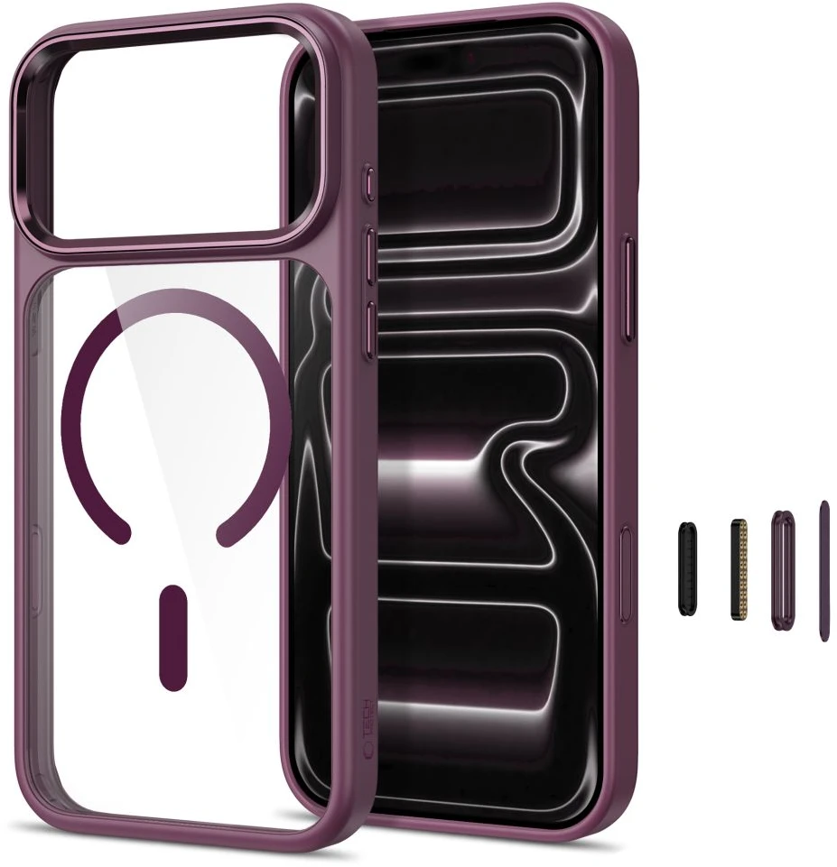 Tech-Protect Magmat Magsafe CC dėklas, skirtas iPhone 17 Pro / 18 Pro - Skaidri bordo