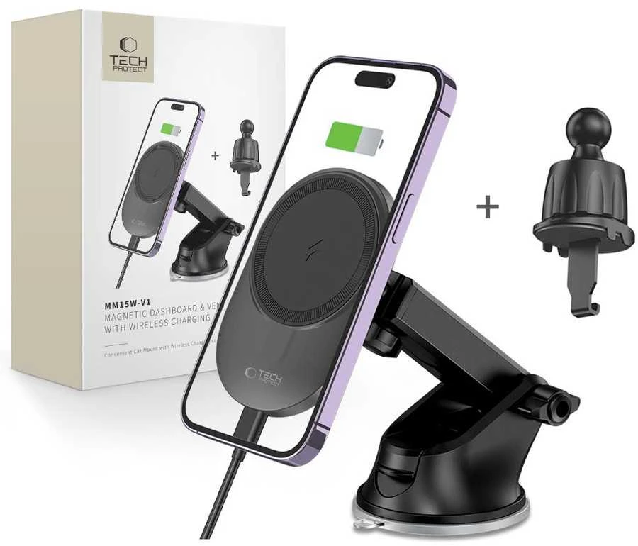 Magnetinis automobilinis laikiklis MagSafe su 15W indukciniu prietaisų skydelio / ventiliacijos grotelių įkrovimu Teleskopinė rankena Tech-Protect mm15W-V1 juodos spalvos
