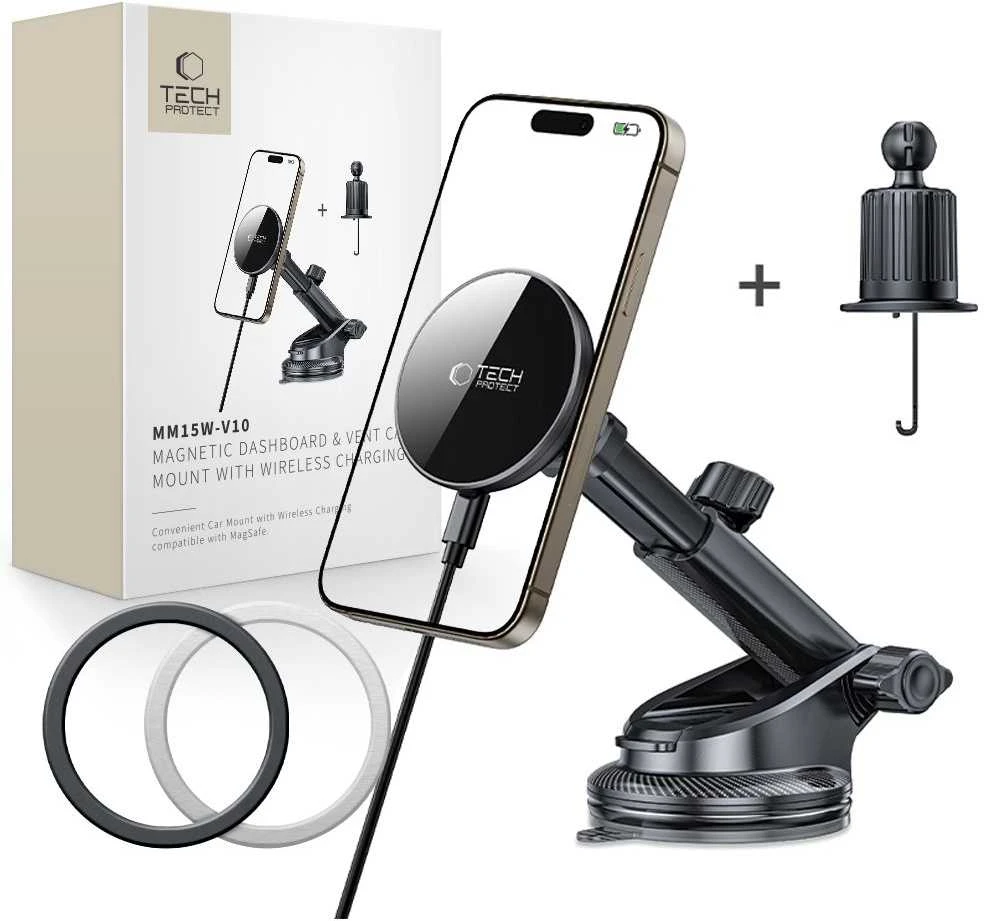 „Tech-Protect mm15W-V10“ magnetinis „MagSafe“ automobilio laikiklis kabinai / priekiniam stiklui / oro išleidimo angai - Juodas
