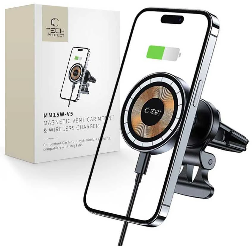 Belaidis automobilinis telefono įkroviklis 15W MagSafe Tech-Protect mm15W-V5 juodos spalvos