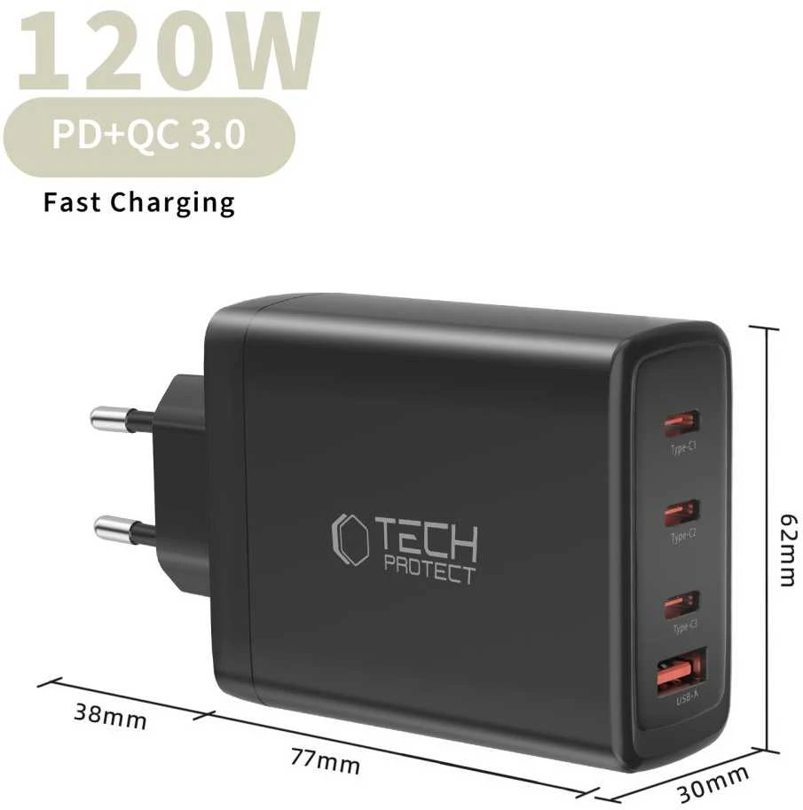 Tech-Protect NC120W-GAN 4-Port laidinis įkroviklis PD 120W / QC3.0 juodos spalvos