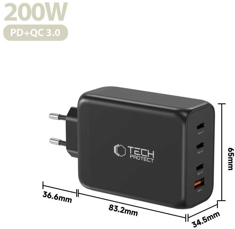 Tech-Protect NC200W-GAN 4-port laidinis įkroviklis PD 200W / QC3.0 juodos spalvos
