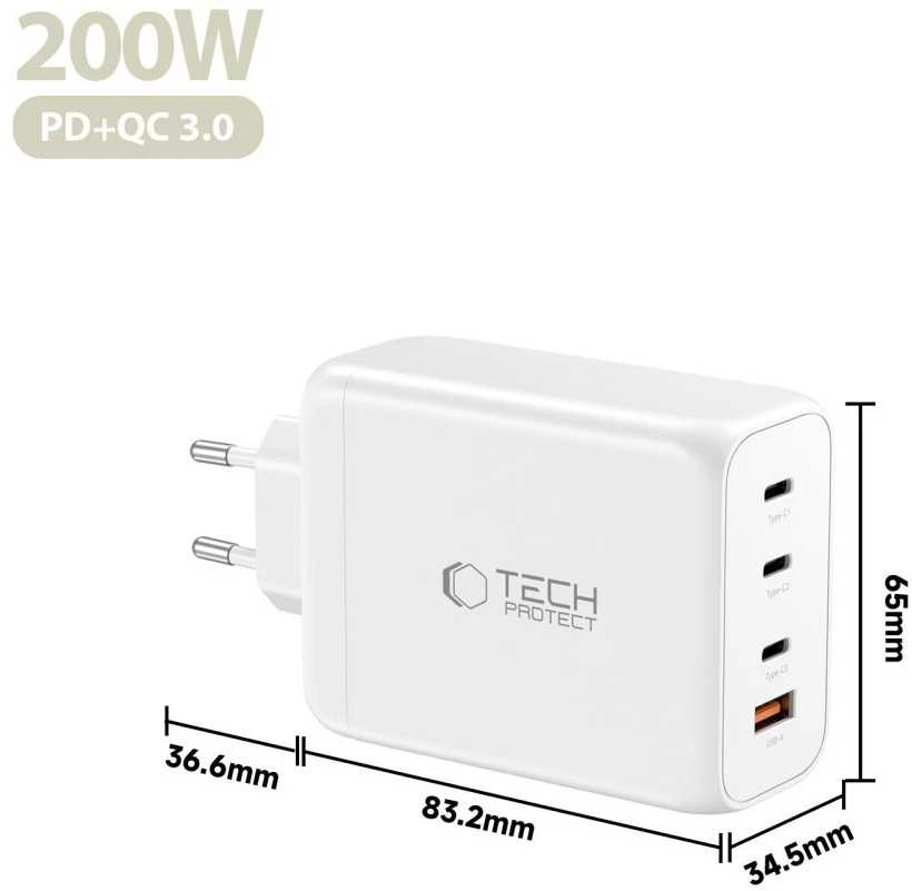 Tech-Protect NC200W-GAN 4-port laidinis įkroviklis PD 200W / QC3.0 baltos spalvos