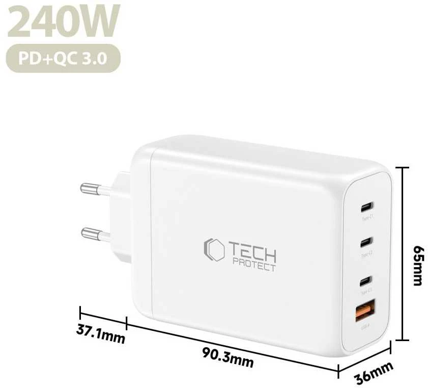 Tech-Protect NC240W-GAN 4-port laidinis įkroviklis PD 240W / QC3.0 baltos spalvos