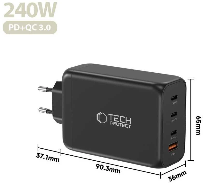 Tech-Protect NC240W-GAN 4-port laidinis įkroviklis PD 240W / QC3.0 juodos spalvos