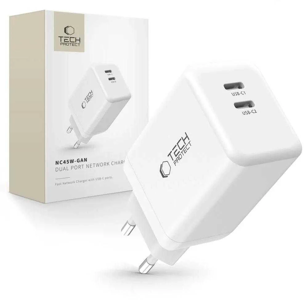 Tech-Protect NC45W-GAN 2-PORT PD45W pakrovėjas - Baltas