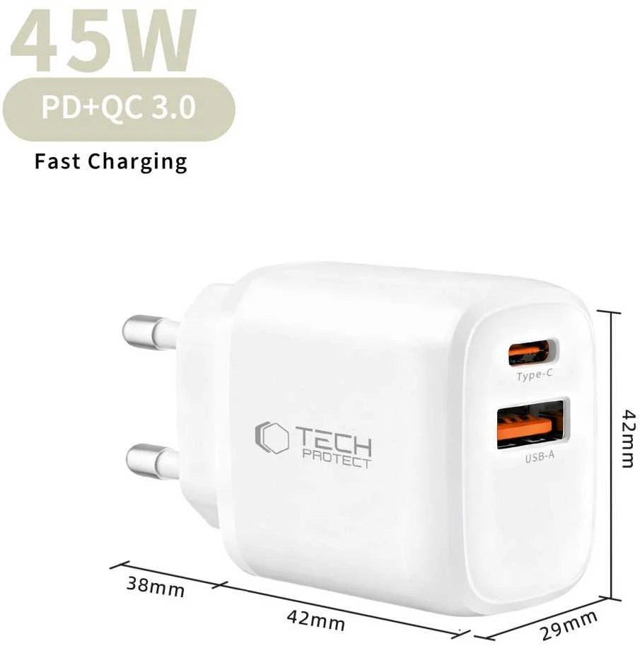 Tech-Protect NCA45W-GAN 2-Port laidinis įkroviklis PD 45W / QC3.0 baltos spalvos