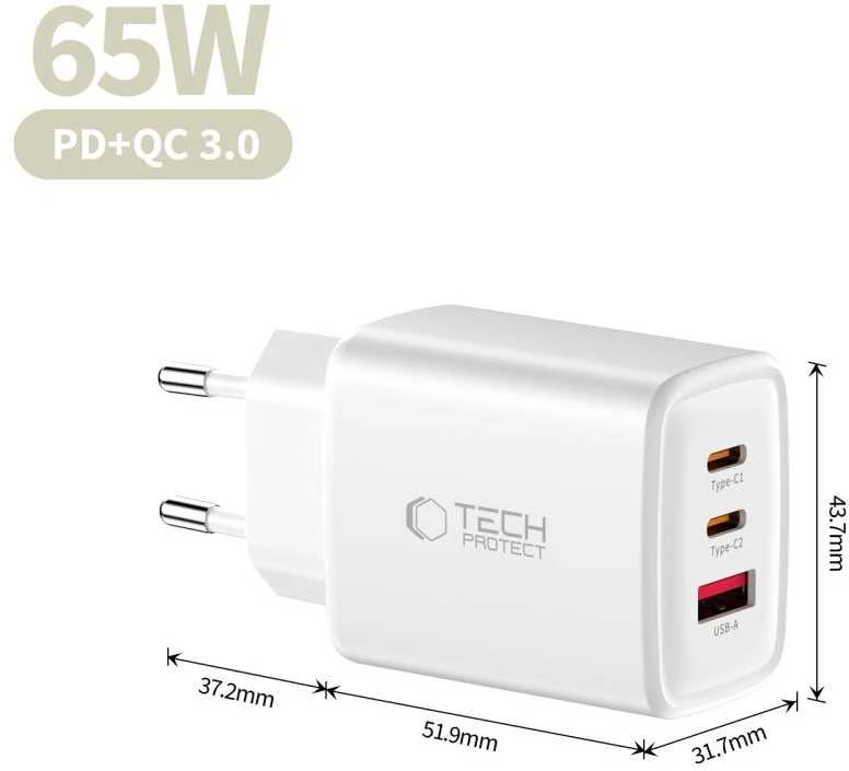 Tech-Protect NCA65W-GAN 3 prievadų tinklo įkroviklis PD 65W / QC3.0 Baltas