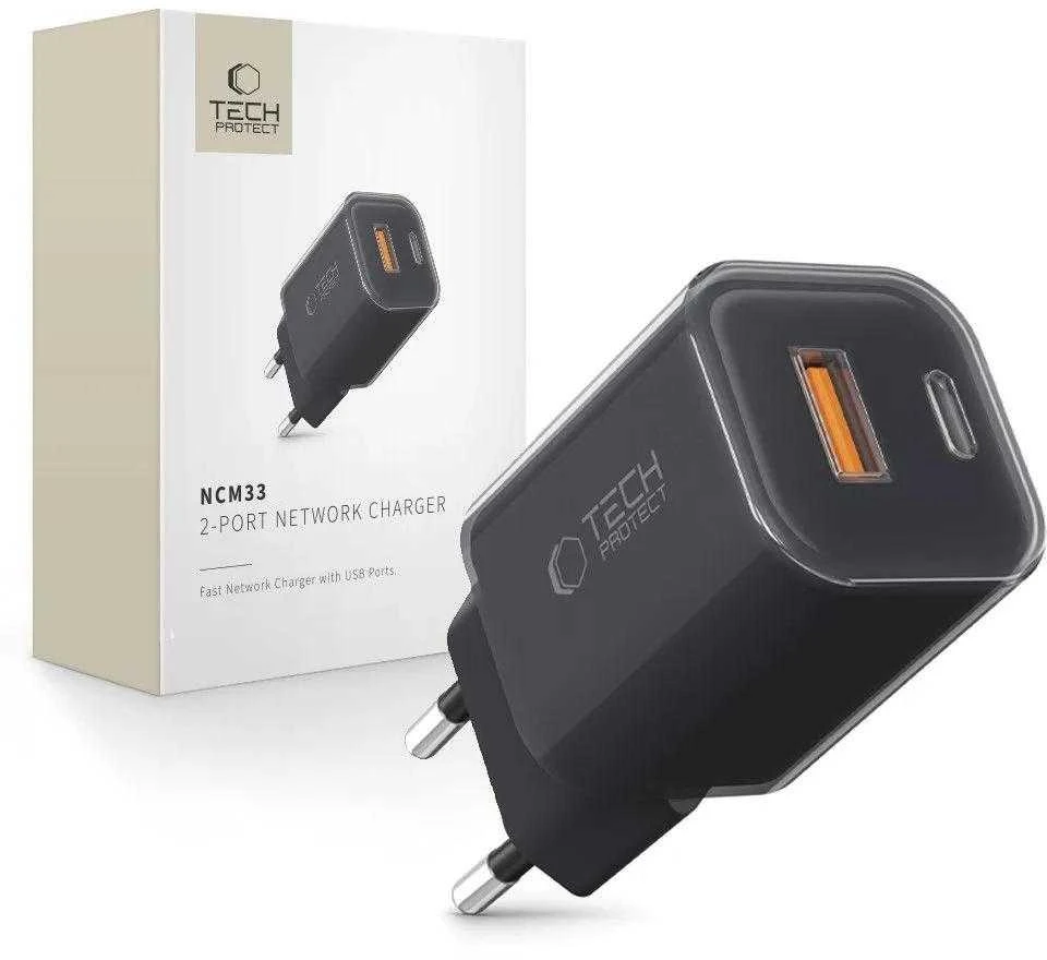 „Tech-Protect NCM33W“ 2 prievadų PD33W/QC3.0 sieninis įkroviklis - juodas