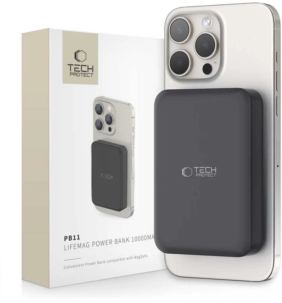 Tech-Protect LifeMag PB11 Powerbank su MagSafe 10000mAh 15W USB-C port – juodos spalvos + USB-C kabelis