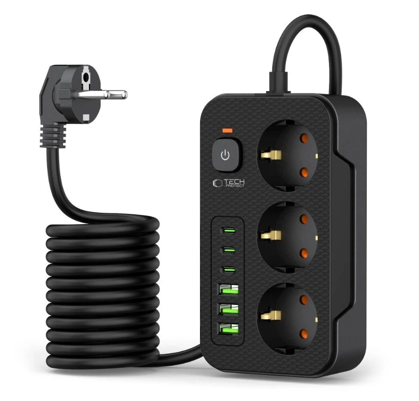 „Tech-Protect PC3X6“ ilgintuvas, 3 lizdai, 240 V + 3 USB-A + 3 USB-C, 200 cm, juodas