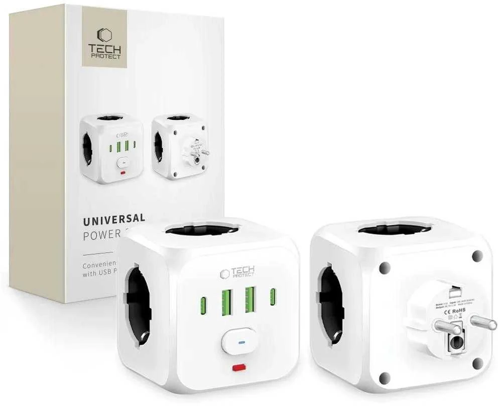 Tech-Protect PCL3x4 maitinimo juosta, 2x USB-A, 2x USB-C, 3x kintamosios srovės tipas Schuko - Baltas