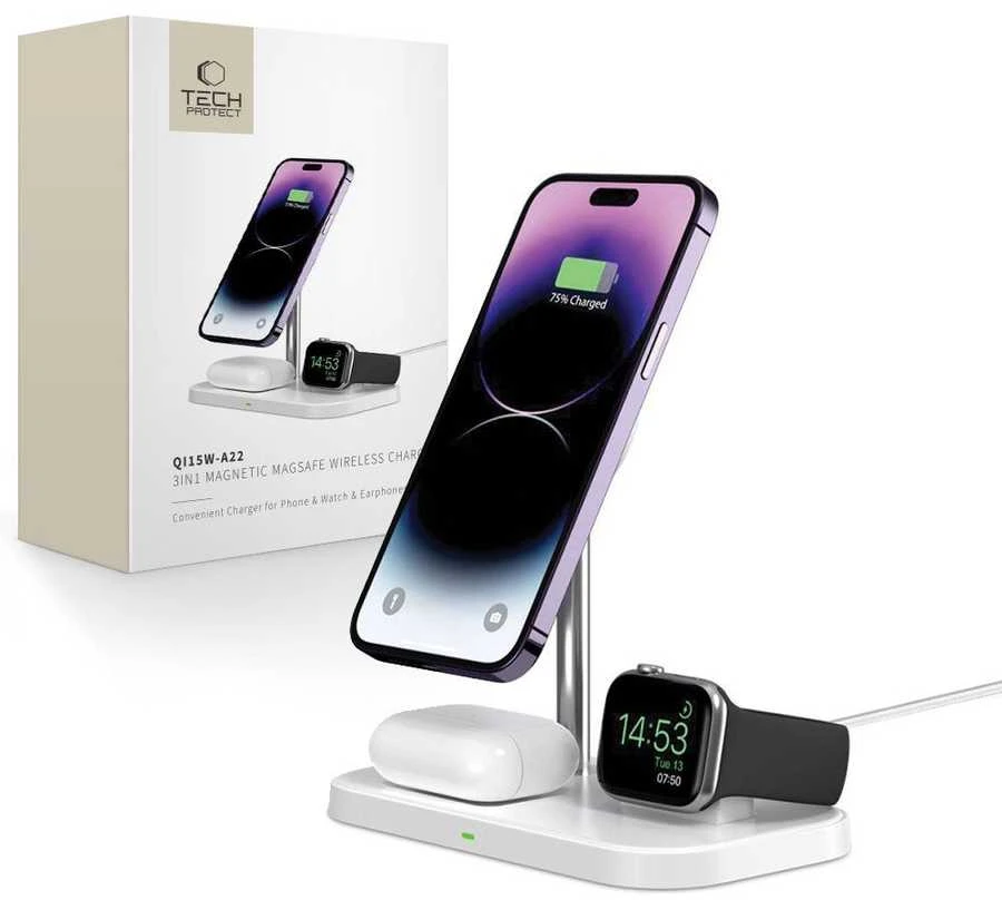 Belaidis magnetinis įkroviklis 3in1 15W telefonams su MagSafe, AirPods, Apple Watch Watch Tech-Protect QI15W A22 baltos spalvos