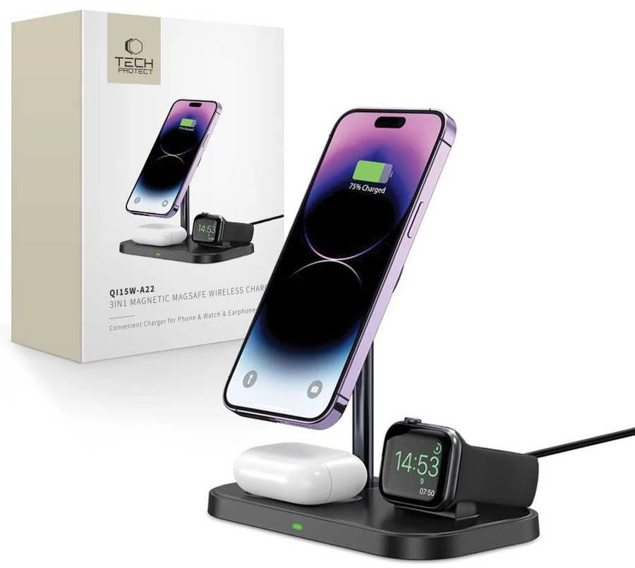 Belaidis magnetinis įkroviklis 3in1 15W telefonams su MagSafe, AirPods, Apple Watch Watch Tech-Protect QI15W A22 juodos spalvos