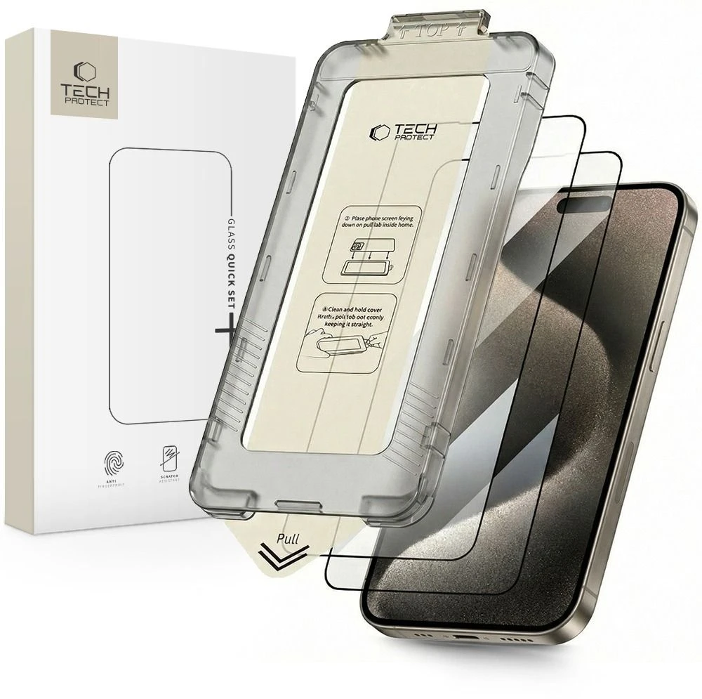 „Tech-Protect Quick Set+“ 2 grūdinto stiklo pakuotė, skirta „iPhone 15 Pro“ - juodas
