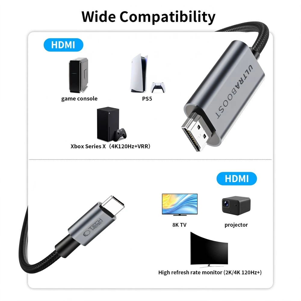 Tech-Protect UltraBoost USB-C HDMI 2.1 60HZ Video Cable 300 cm - Gray