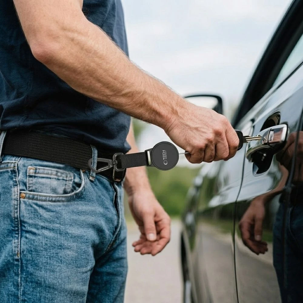 „Tech-Protect UrbanLoop“ apsaugos nuo vagystės telefono laikiklis su ištraukiamu dirželiu - Juodas