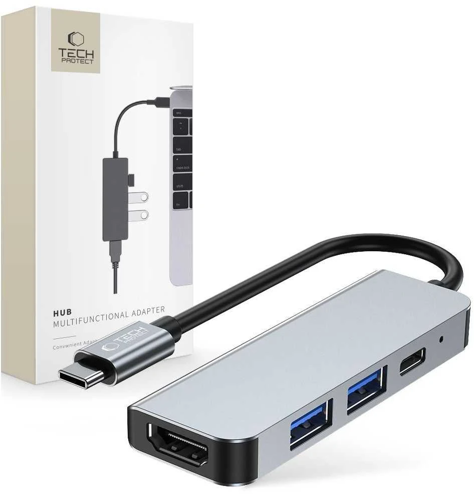 Šakotuvas 4in1 USB HUB USB-C to 2xUSB + HDMi + USB-C Adapteris Tech-Protect V2-HUB pilkos spalvos