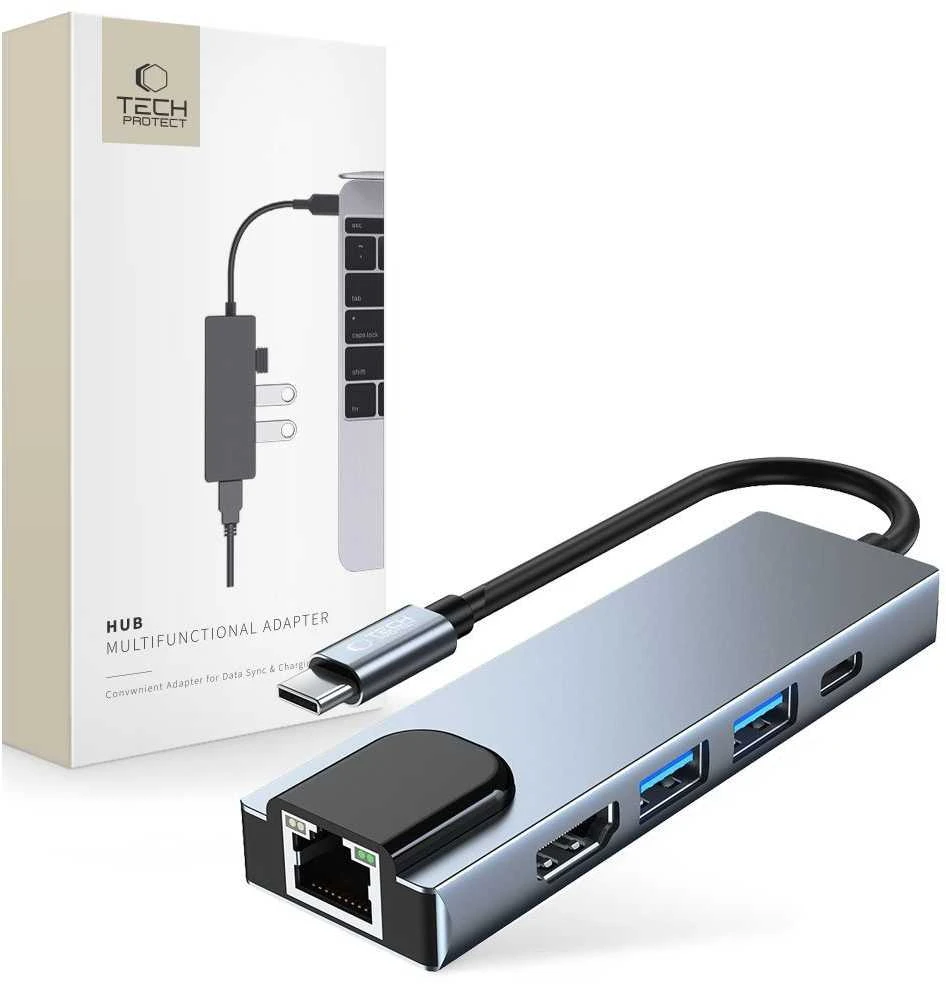 Šakotuvas 5in1 USB HUB USB-C to 2xUSB + HDMi + USB-C + LAN RJ45 Adapteris Tech-Protect V3-HUB pilkos spalvos