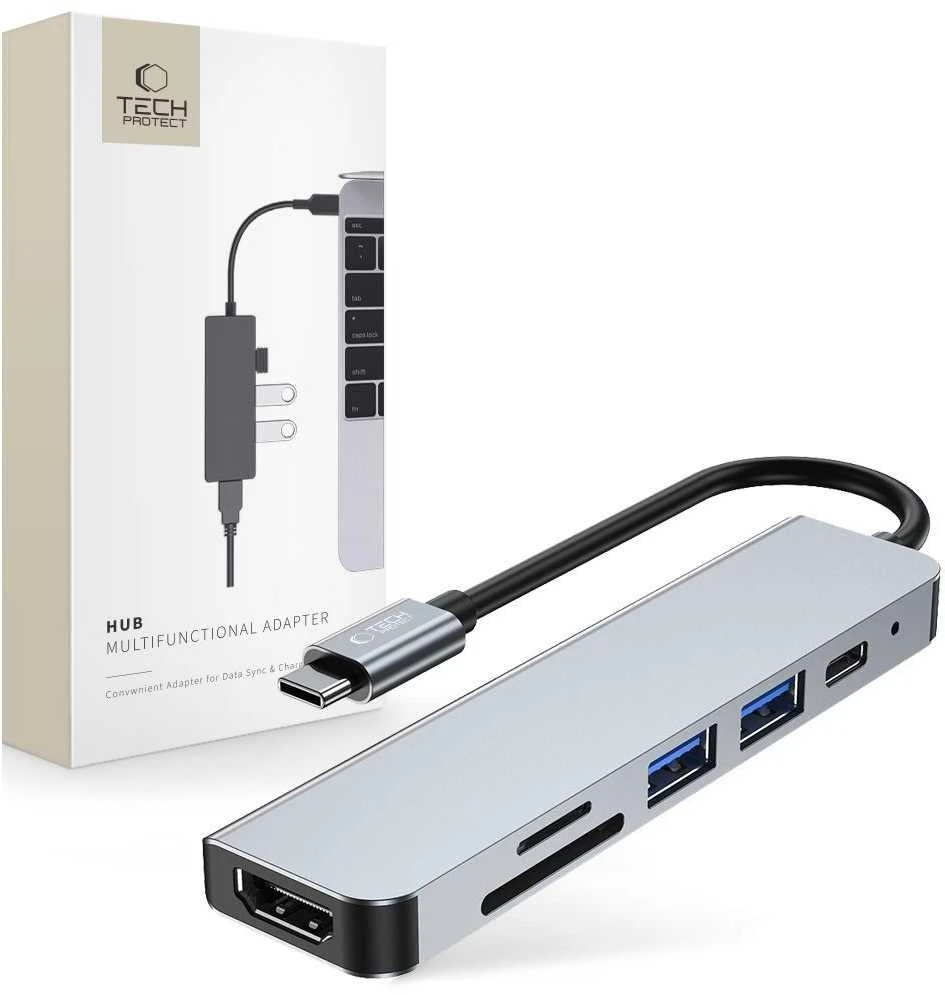Šakotuvas 6in1 USB HUB USB-C to 2xUSB + HDMi + USB-C + SD Card Reader + micro SD Adapteris Tech-Protect V4-HUB pilkos spalvos