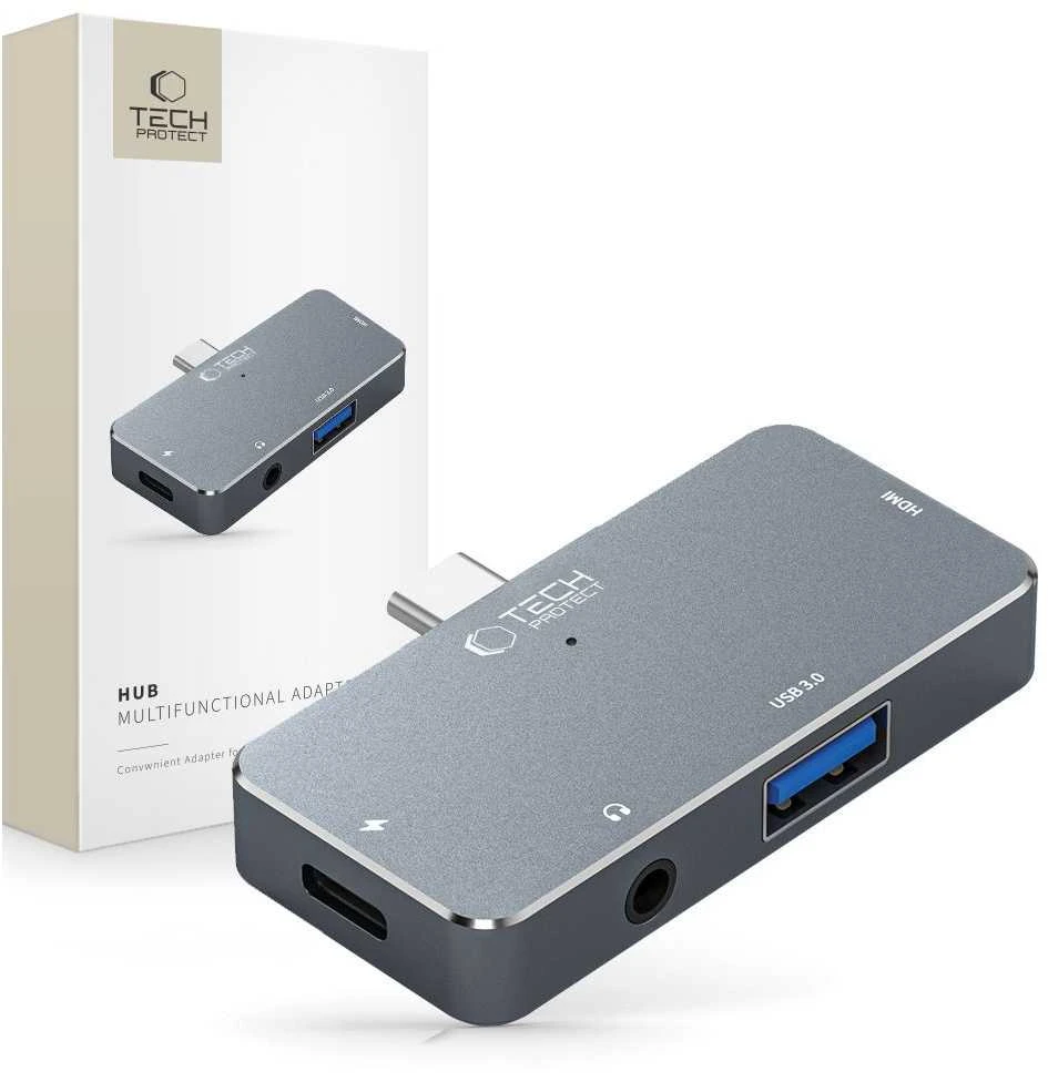 Adapteris HUB 4in1 SB-C – USB + USB-C + HDMI + AUX Minijack 3.5mm Tech-Protect V6 pilkos spalvos