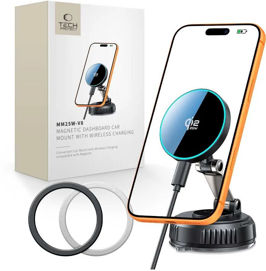 Tech-Protect mm25W-V8 QI2.2 Magnetic MagSafe WINDSHIELD & DASHBOARD automobilinis telefono laikiklis belaidis įkroviklis 25W juodos spalvos