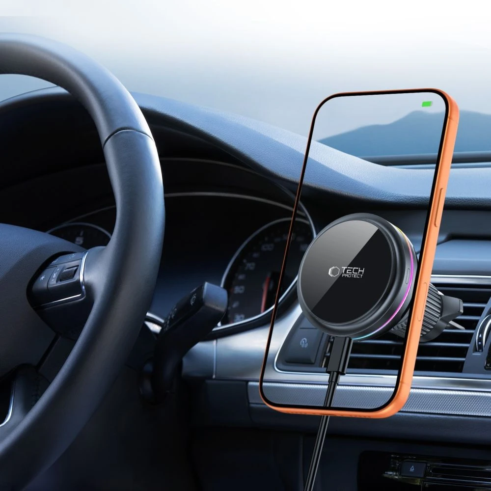 Tech-Protect V9 ArcticBoost magnetic MagSafe dashboard & vent automobilinis laikiklis su belaidžiu įkrovimu 25W QI2.2 juoda