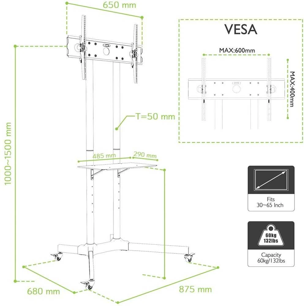 Laikiklis TECHLY 309982 Techly Mobilus stovas televizoriui LCD/LED/Plasma 30-65 60kg VESA pakreipiamas su lentyna