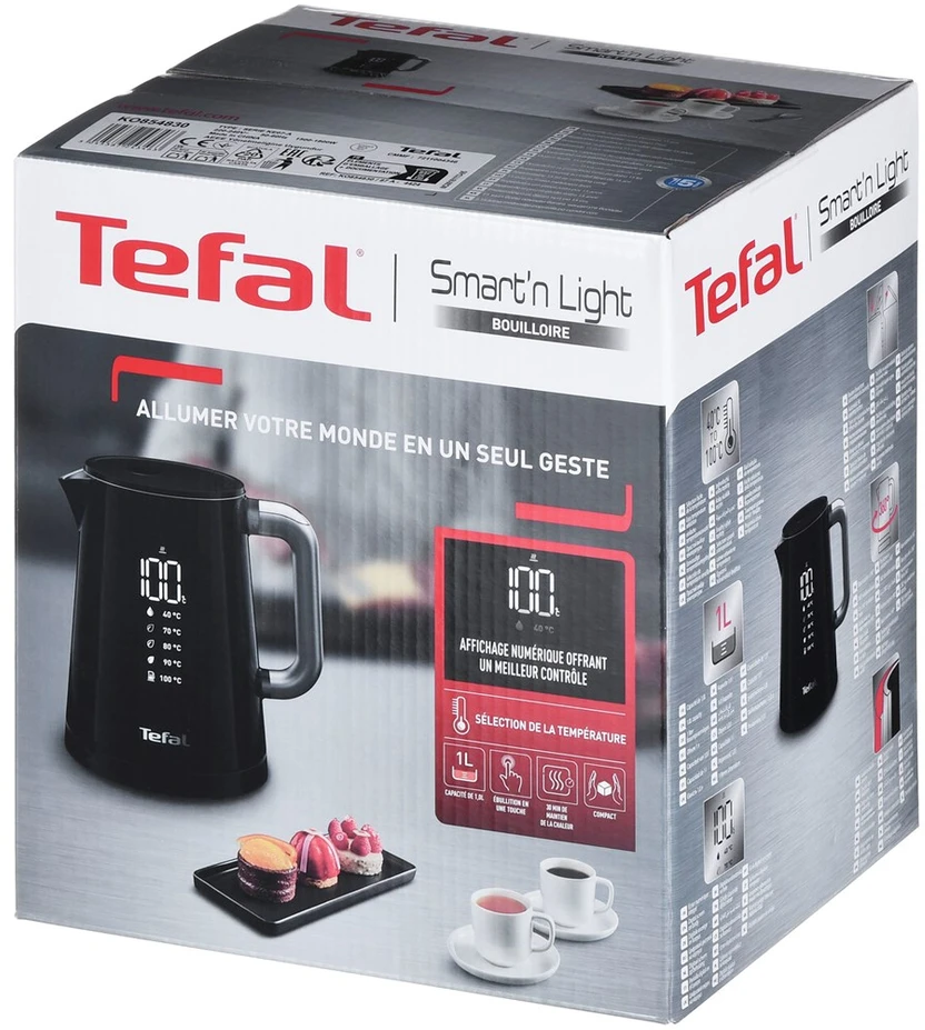 TEFAL Virdulys KO854830 Smart'n Light Electric, 1800 W, 1 L, Plastikinis, 360° sukamasis pagrindas, Juodas