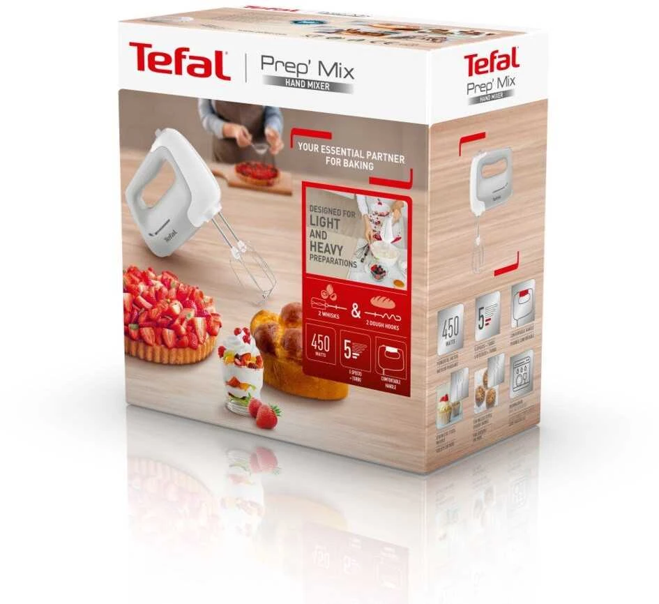 Plakiklis TEFAL | Hand Mixer | HT450B38 | Hand Mixer | 450 W | Greičių skaičius 5 | Turbo mode | Baltas