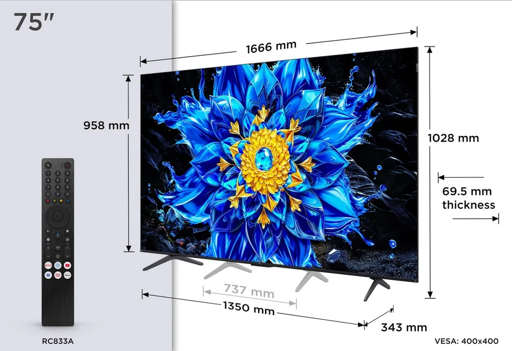 TCL P8L 75P8L TV 190.5 cm (75") 4K Ultra HD Smart TV Wi-Fi Juodas 450 cd/m²