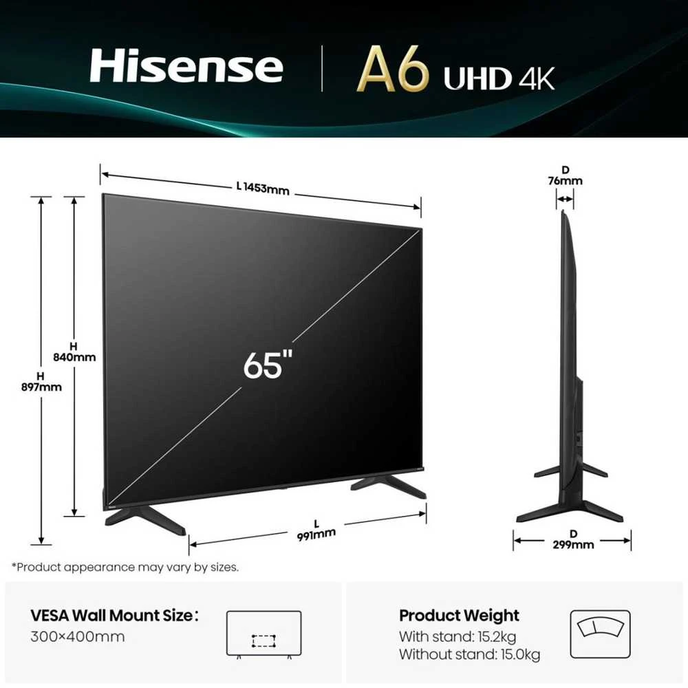 Televizorius Hisense 65A6Q | 65 | Smart TV | VIDAA Smart OS | UHD | Juodas
