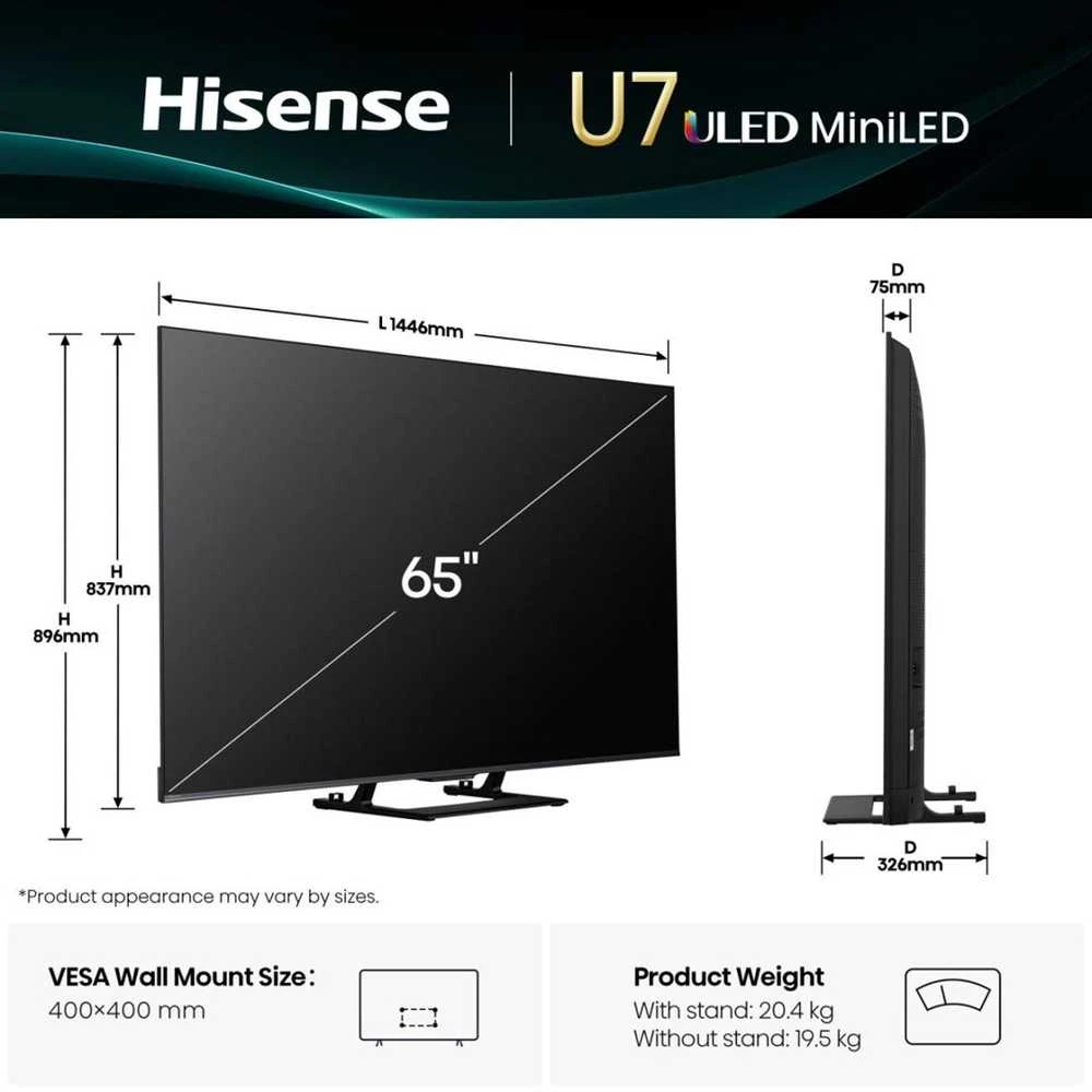Televizorius Hisense Mini LED TV | 65U7Q | 65 | Smart TV | VIDAA Smart OS | UHD | Juodas