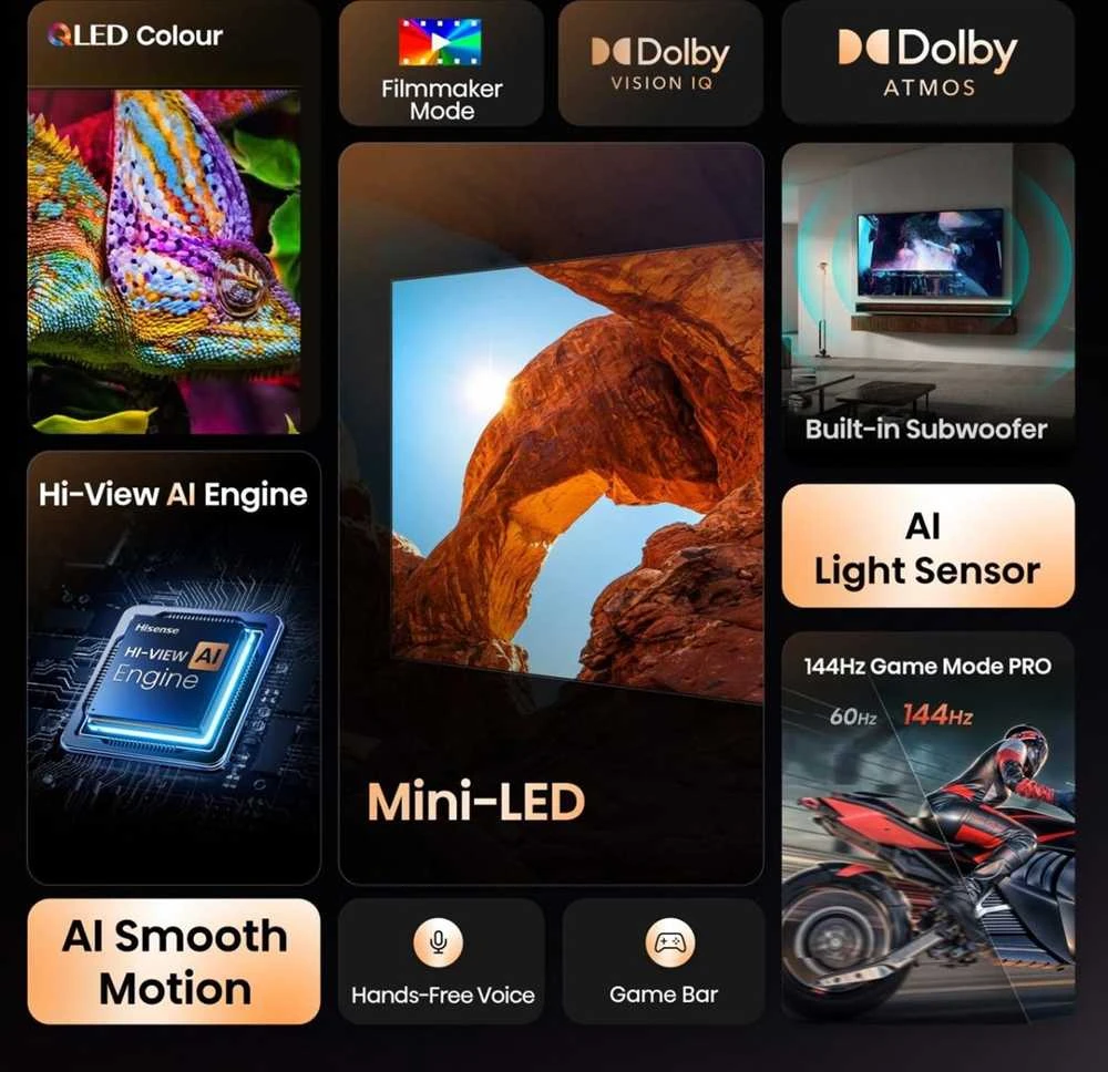 Televizorius Hisense Mini LED TV | 65U7Q | 65 | Smart TV | VIDAA Smart OS | UHD | Juodas