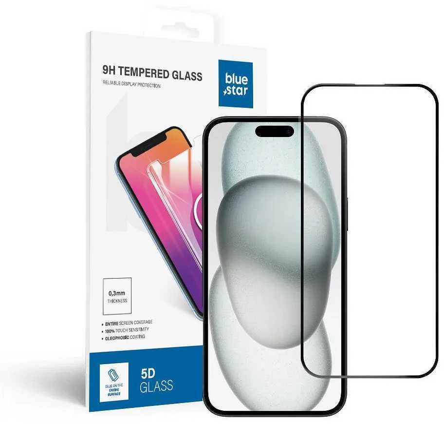 BlueStar Grūdintas stiklas iPhone 15 PLUS / 16 PLUS (pilnas klijavimas) Blue Star 5D juodas