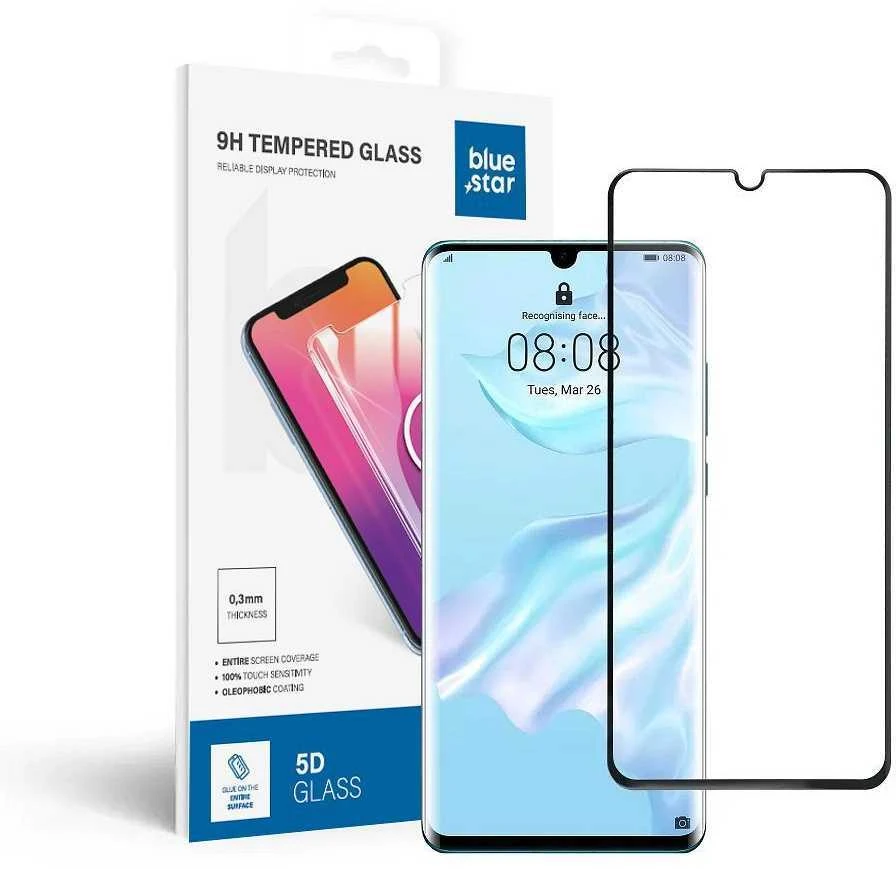 BlueStar Grūdintas stiklas Huawei P30 PRO telefonui (pilnai klijuojamas / suderinamas su dėklu) Blue Star 5D juodas