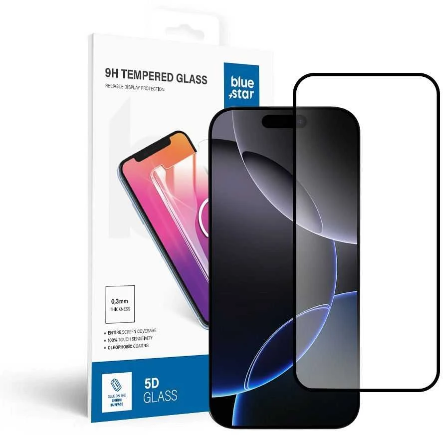 BlueStar Grūdintas stiklas iPhone 16 PRO / 17 / 18 (pilnas klijavimas) Blue Star 5D juodas