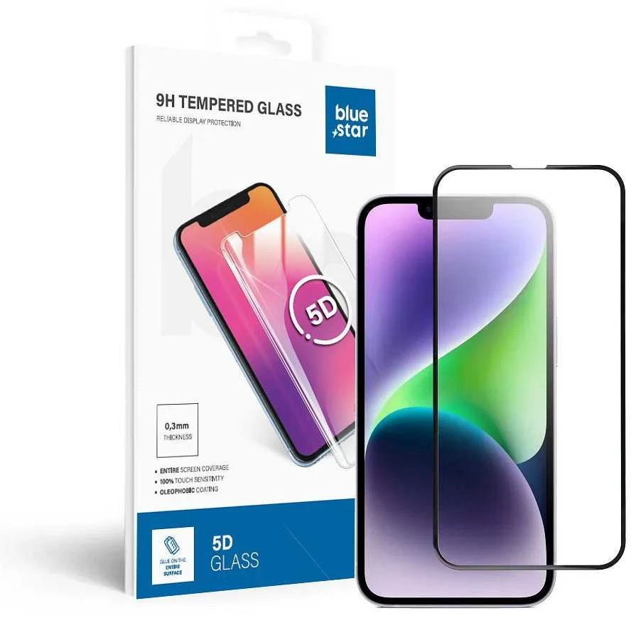 BlueStar Grūdintas stiklas iPhone 13 / 13 PRO / 14 / 16e / 17e (SE 4 2025) (pilnas klijavimas) Blue Star 5D juodas