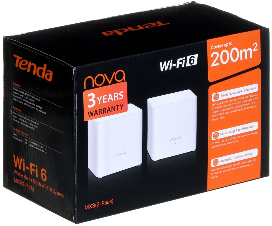 Tenda MX3 (2-PACK) mesh wi-fi system Dual-band (2.4 GHz / 5 GHz) Wi-Fi 6 (802.11ax) Baltas 1 Internal