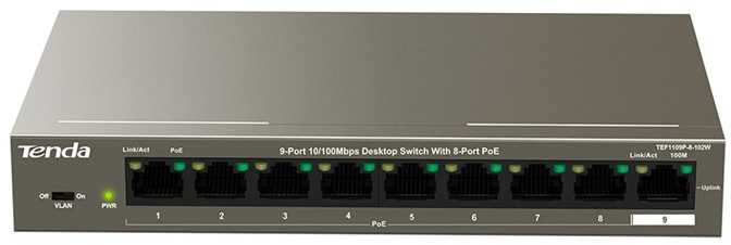 Šakotuvas Tenda TEF1109P-8-102W tinklo jungiklis Fast Ethernet (10/100) Power over Ethernet (PoE) Metallic