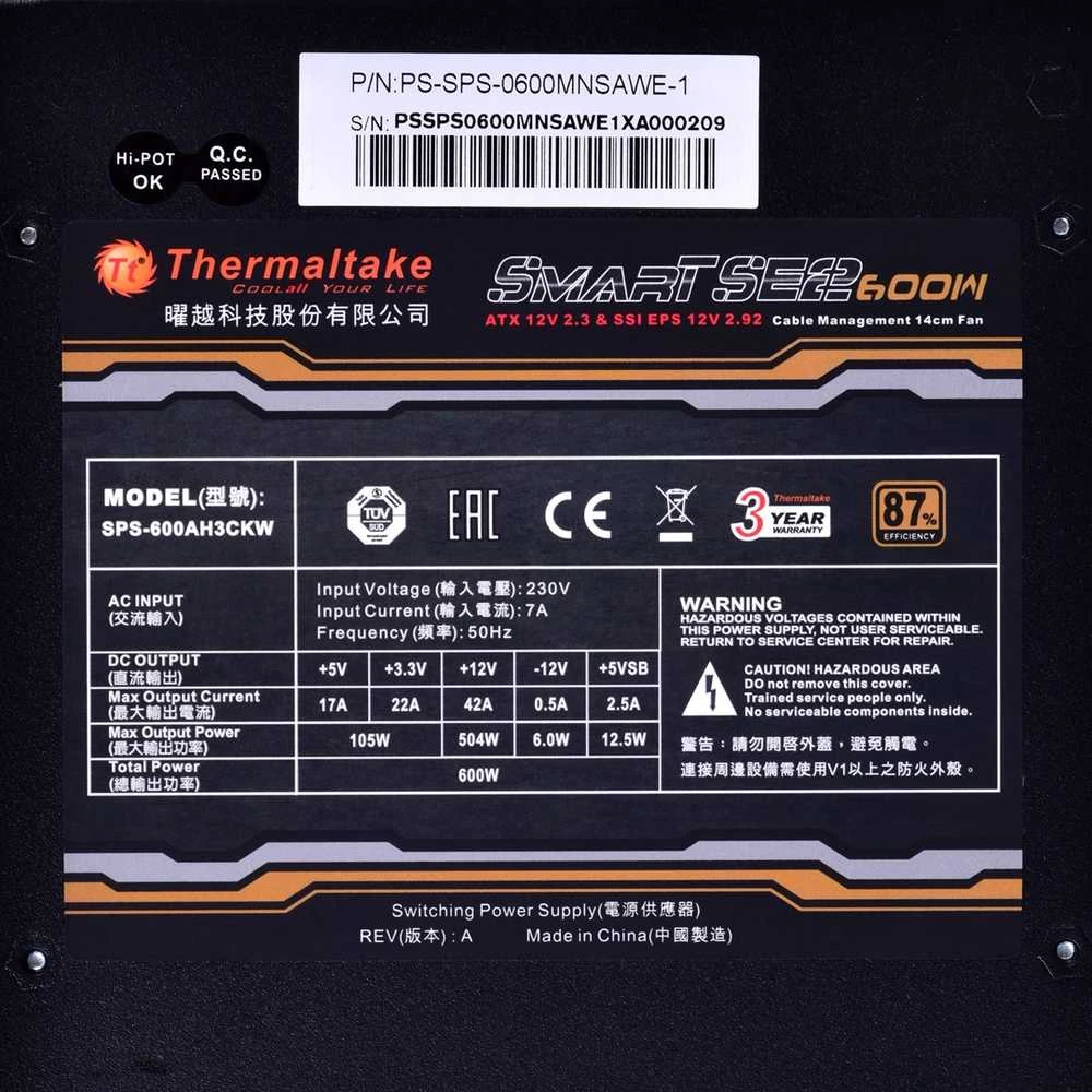 Maitinimo šaltinis Thermaltake Smart SE2 600W PS-SPS-0600MNSAWE-1 (600 W, aktyvus, 120 mm)