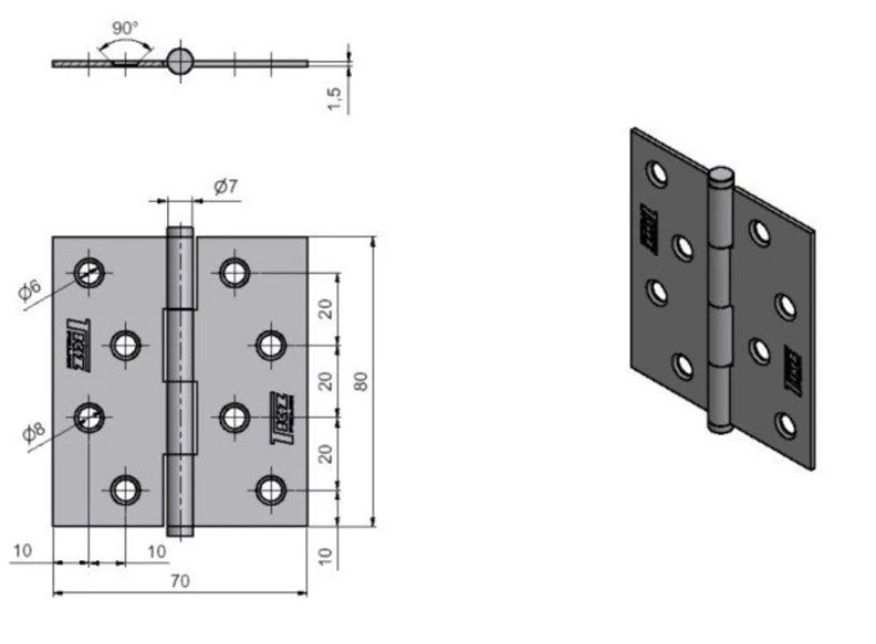 TKZ Langų lankstai J1 KZ80, 70 x 80 mm, 2 vnt.