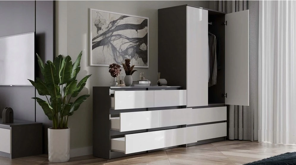 „Top E Shop“ M6 MALWA komoda su 6 stalčiais, 120 cm, antracito/baltos spalvos