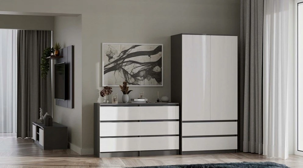 „Top E Shop“ M6 MALWA komoda su 6 stalčiais, 120 cm, antracito/baltos spalvos