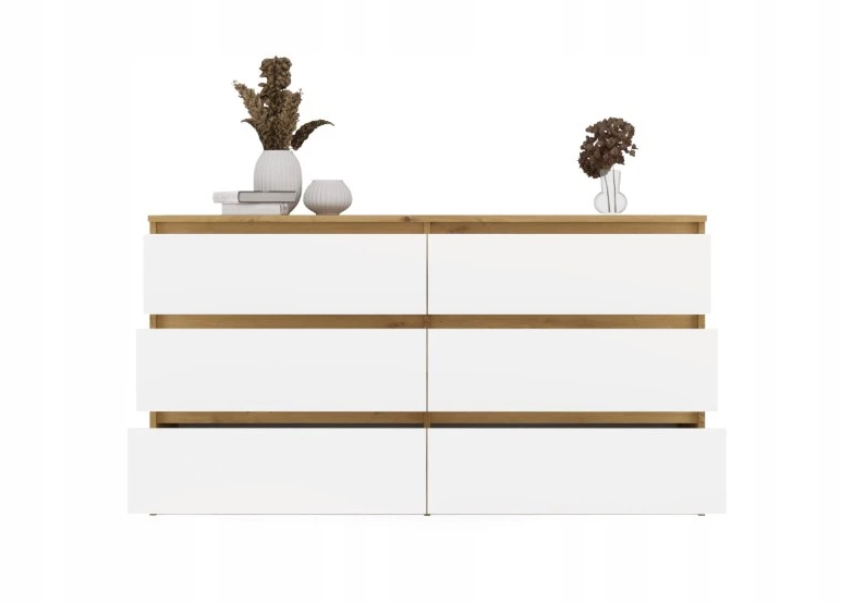 „Top E Shop“ M6 MALWA komoda su 6 stalčiais, 140 cm, ąžuolo medienos, „Artisan/Baltas“.