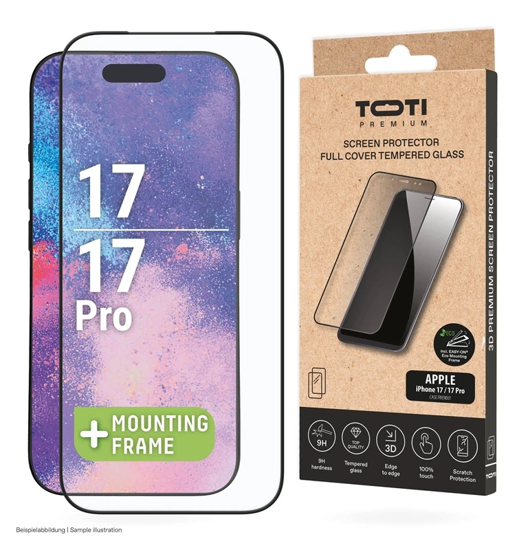 „Toti Premium PREMIUM“ grūdinto stiklo 3D ekrano apsauga, skirta „Apple iPhone 17/16 Pro“.