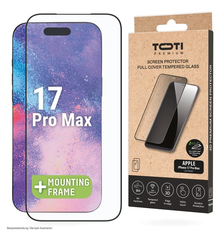 „Toti Premium PREMIUM“ grūdinto stiklo 3D ekrano apsauga, skirta „Apple iPhone 17 Pro Max“.