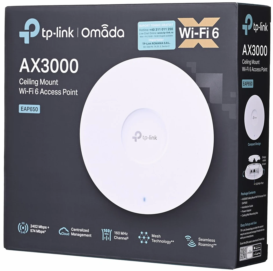 Maršrutizatorius TP-LINK | AX3000 lubinis „WiFi 6“ prieigos taškas | EAP650 | 802.11ax | 2.4GHz/5GHz | 2402+574 Mbit/s | 10/100/1000 Mbit/s | Ethernet LAN (RJ-45) jungtys: 1 | MU-MiMO: Taip | PoE įvestis | Antenos tipas: vidinė, universali