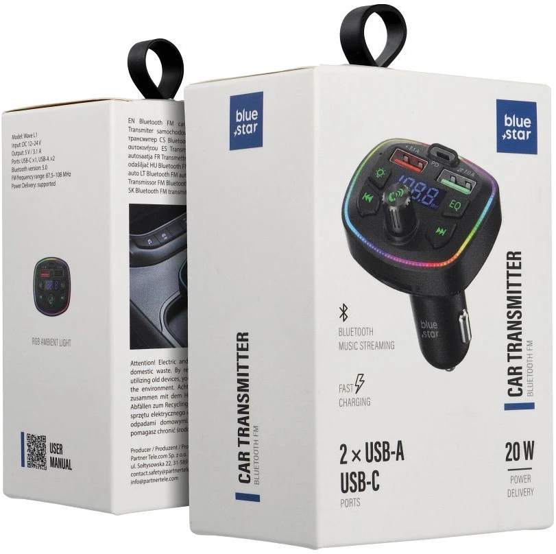 BlueStar Automobilio siųstuvas Blue Star Wave L1 RGB aplinkos apšvietimas tipas C x1 USB x2 20W juodas