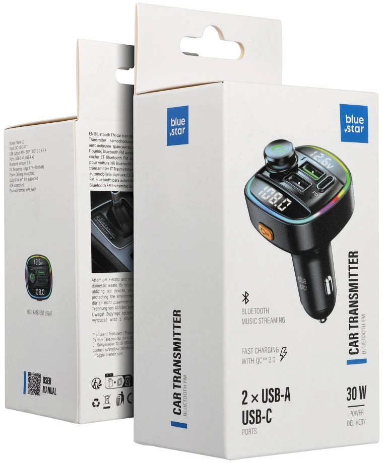 BlueStar Automobilio siųstuvas Blue Star Wave L2 RGB Classy šviesa tipas C x1 USB x2 20W juodas